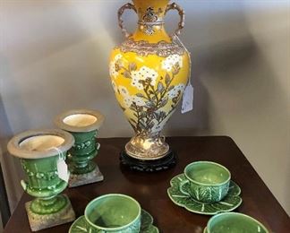 Sale! $145, Yellow Urn Lamp; Pair Green Urns, $10; Set 3 Green Majolica Tea Cups, $75