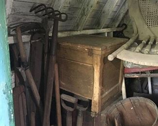 Great trunks and chests, barrels, tools