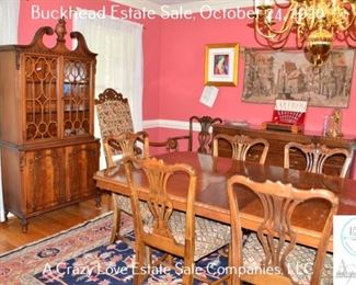 Dining Room Table and Chairs, China Cabinet, Sideboard, Rug, Art