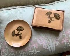 Signed AnneMarie copper enabled mushroom plate and wooden box.  