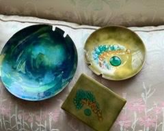 Copper enameled mid-century modern ashtrays and box.