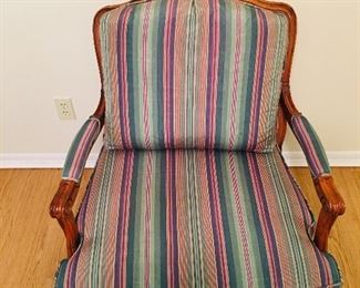 Custom upholstered Bergere chair.  Dimensions are 28 inches wide by 34 inches tall by 32 inches deep and height from floor to seat is 17 inches 