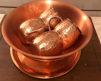 Copper bowl, tray, Moscow Mule mugs