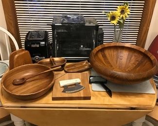 Wooden bowls, large one is Dansk, rotisserie, toaster