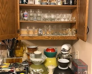 Pyrex, Kitchen-aid stand  mixer, utensils, glassware
