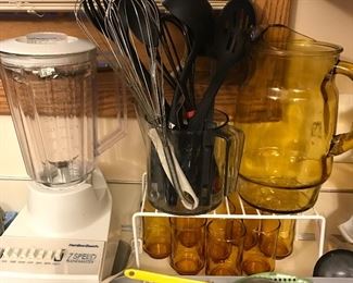 Vintage amber pitcher with 8 juice glasses, blender, utensils