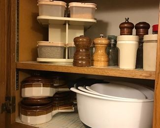 Tupperware spice containers,  Tupperware salt & peppers, wooden salt & peppers, French onion soup  crocks