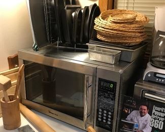 Magic Chef microwave, bakeware, utensils