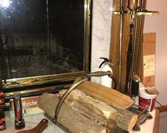 Brass fireplace tool set, log holder, bellow