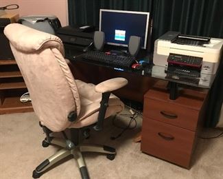 Desk, office chair, printers, monitor 