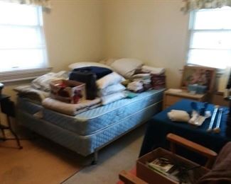 Looks blurry we know.... we'll update this photo... Full Size Bed Frame with Mattress & Box Spring; bedroom linens; vintage batons; side tables, side chairs, vintage typing stand