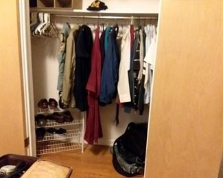 Men's Clothing; Shoes; Shoe Rack; Assorted Suitcases and carry-alls