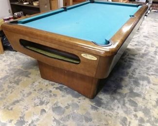 Pool Table & Accessories & Supplies. Slate top. Built and Purchased from Smith Bros. Wood Products, Grand Rapids - Exterior measurements are 85" long x 48" wide; Interior on table measurements are 78" long x 38" wide.