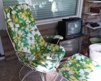Retro Plastic Cushioned Swivel Chair and Footstool. Fab Green, Yellow, White Floral Plastic Cushions.