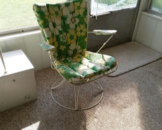 Retro Plastic Cushioned Side Chair. Fab Green, Yellow, White Floral Plastic Cushions.