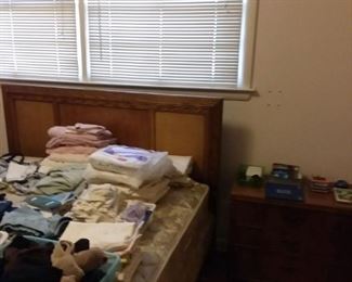 Mid Century Modern Headboard, Bed Frame, Mattress, Box Spring and matching Night Stand