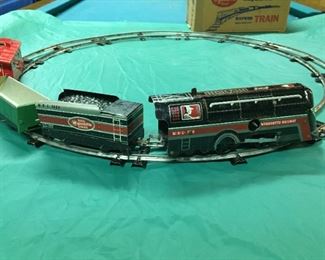 Wyandotte Hafner Mechanical Key Wind-Up Lithographed Steel Train Set with Circular Track and Original Box