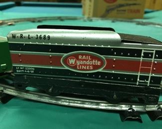 Wyandotte Hafner Mechanical Key Wind-Up Lithographed Steel Train Set with Circular Track and Original Box