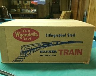 Wyandotte Hafner Mechanical Key Wind-Up Lithographed Steel Train Set with Circular Track and Original Box