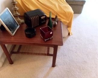 Antique Bakelite Radio, Wood End Table by Dux of Sweden - Has caned shelf by Folke Ohlsson for Dux of Sweden - Nice Finish - Mid Century Danish Style
