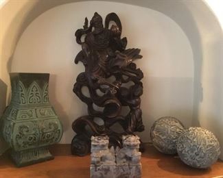 Japanese Copper Flower Vase Cast Metal (9in tall), Deity Wood Carving (15.75in tall), Marble Foo Dogs (3.5in tall),  Decorative Spheres.