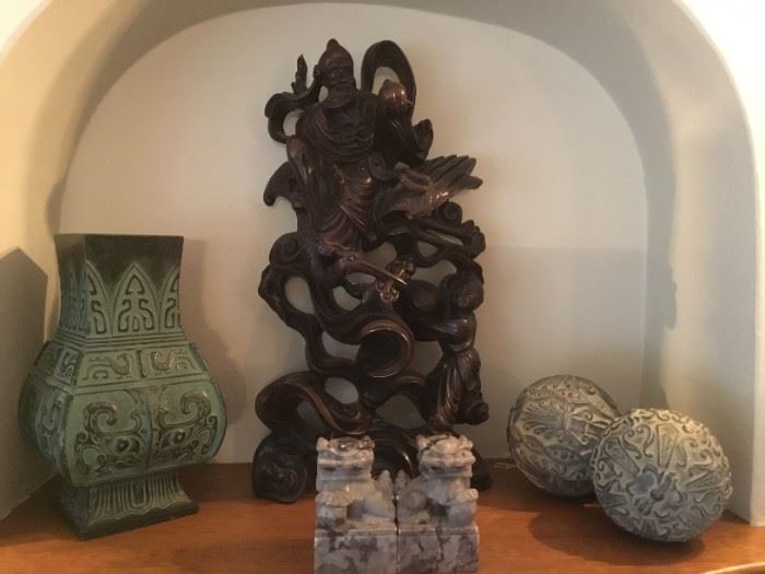Japanese Copper Flower Vase Cast Metal (9in tall), Deity Wood Carving (15.75in tall), Marble Foo Dogs (3.5in tall),  Decorative Spheres.