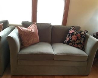 Stickley Sofa and Love Seat with Down Cushions - (Celadon Green Microfiber Fabric) - Like New (Throw Pillows Sold Separately)