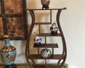 Cloisonné  Vase and Trinkets, Blown Glass Paperweight. Asian Style Display stand.