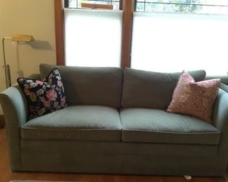 Stickley Sofa and Love Seat with Down Cushions - (Celadon Green Microfiber Fabric) - Like New (Throw Pillows Sold Separately)