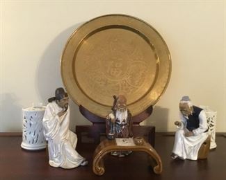 Decorative Brass Plate with Stand, Porcelain Votive Holders, Chinese Mudmen Figurines, Porcelain Bench figurine.