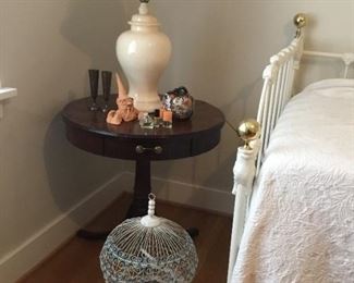 Bird Cage, Pedestal Drum Table, Lamp and Chotskies.