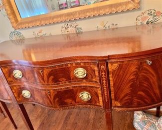 $950  - Councill Craftsmen Inlaid Burlwood Buffet with Bell Flower Inlay 38.5” H by 66” W by 24”D