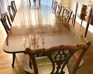 $1,200  Double pedestal dining room table  119” L by 44” W by 29” H ( there are 2 leaves 24” each ). Table is shown fully extended . Without 2 Leaves 71” long.  And $1,500 - 8 Chippendale style chairs - 2 arm chairs, 6 side chairs