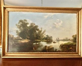 $900 - "River Scene" by W. Fox dated 1864 Gold Framed Oil Painting -  26”H by 41.5”W by 2”D 