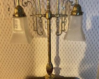 $175 - Vintage brass lamp 27” H by 16.5” at widest part. Base is 6.5 inches deep. 