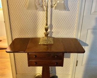 $150 - 2 drawer, drop leaf, side table extended 29” H, 32” W leaves up , 18” leaves down , 14” deep