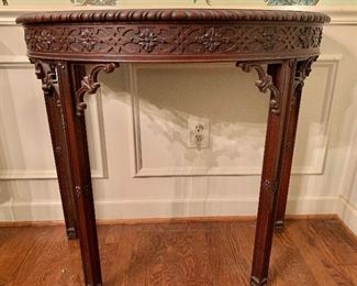 $120 each - Pair carved demi lune tables 36" W, 17" D, 32.5" H.  (AS IS - MINOR WEAR ON BOTH)