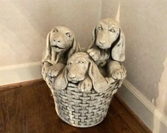 $45 - Heavy plaster doggies in weaved basket - 11"D x  16" H. 