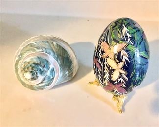 $10 each.  Shell: 4" W, 3.5" D, 2.5" H.  Egg: 2.5" diam, 4.25" H. 