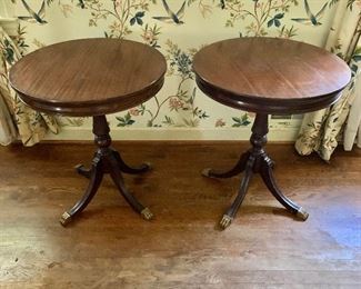 $125 each - Pair of pedestal tables with brass feet