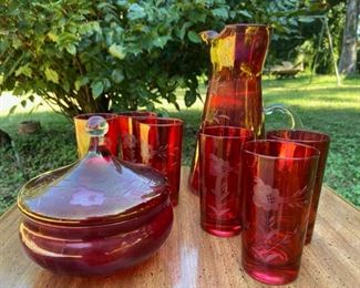 Mid Century Cranberry Cut Pitcher and 6 Tumblers Iridescent Federal Glass