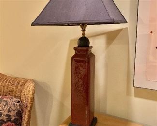 $75 - Dark red ceramic lamp.  Shade 14" W, base 5" x 5", 29" H. 