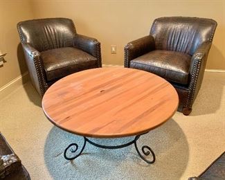 $150 - Pine coffee table with metal base - 42" diam, 18" H - CHAIRS SARE SOLD
