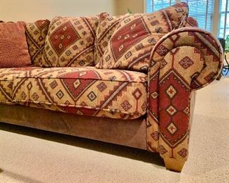 $475 - Southwestern style, leather trimmed sofa with hobnails - 89" W, 30" D, 31.5" H