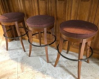 $250 - Trio of Swaim stools AS IS, stains present- Seats are 18.5"D x 30"H  - Base ring is 21"D