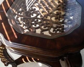 Ornately Carved glass top Side table