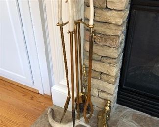 Brass and Faux Antler Fireplace Tools