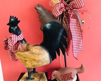 Roosters: Black 14.5" tall $23, brown metal 19.5" tall $21. Small fabric 6" high $8