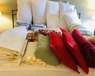 Bedding: blankets $7 ea. , bed pillows $1ea. (sold) red shams/pillows (sold) $9 pr. King sheets $14 set (sold). 