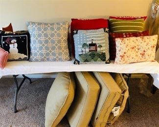 Decorative pillows $5 ea. Indoor/outdoor cushion sets (2) new $24. 